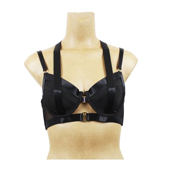 Black Strappy Harness Cut Out Bra - Picture 1 of 8